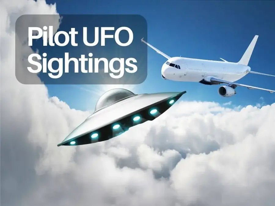 Illustration of a passenger jet flying near a UFO above the clouds